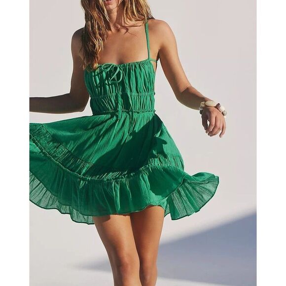 Free People Free -est Taking Sides Mini Dress Open Back Tiered Ruffle S 283592 - Picture 1 of 9